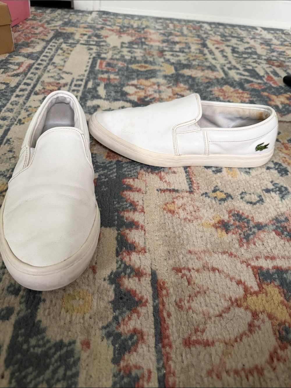 Lacoste White Slip-On Leather Loafers with Green Croc Accent